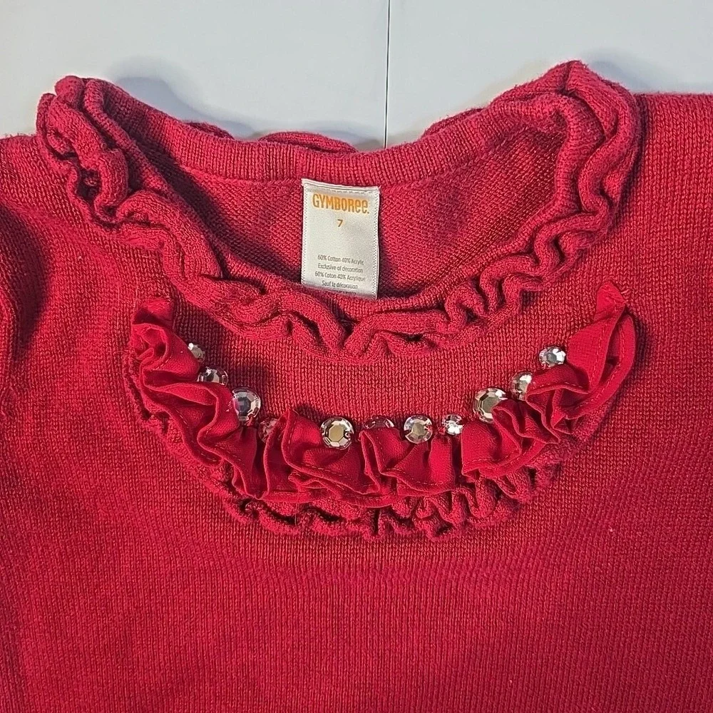 Gymboree Sweater Dress Girls 7 Red Ruffle Rhinestone Holiday Festive Short Slv